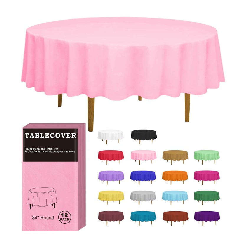 DZ D&Z Plastic Table Cloth Disposable, 12 Pack Pink Round Tablecloth Individually Wrapped for Indoor&Outdoor, 84 Inch Table Cover for Party, Picnic, Birthday, Wedding & Dinner - Image 1